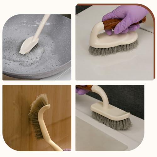 4-Pack Heavy Duty Scrub Brushes Set with Wooden Handles, Triangle & Square Floor Scrubber, Dish Brush, Grout Cleaner for Kitchen, Bathroom, Tile, Carpet & Stubborn Stains Removal