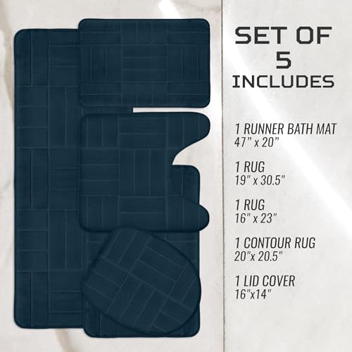 Bathroom Rug Set 5 Piece - Memory Foam Bathroom Mat Set, Soft and Comfortable, Non-Slip Thick Absorbent Bath Mats, Machine Washable, Navy Blue - color: Navy Blue/ Line Design