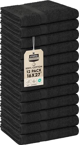 Utopia Towels, Salon Towel, Pack of 12, Not Bleach Proof, 16 by 27 Inches, Highly Absorbent Cotton Towels for Hand, Gym, Beauty, Spa, and Home Hair Care, Black - color: Black, size: 12 Pack