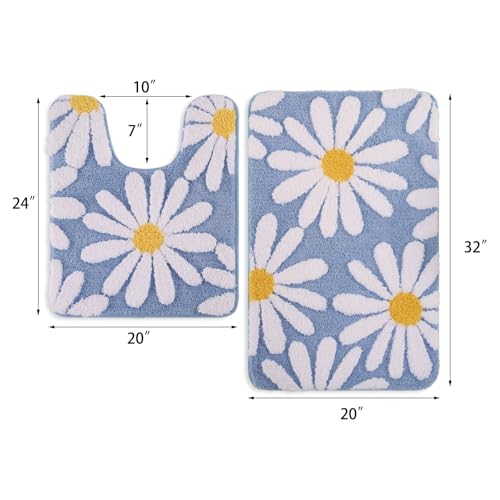 QJHOMO Bathroom Rug Set 2 Piece, Cute Daisy Bath Mat Blue Toilet Rug U Shaped, Flower Deocr Bathroom Set Non Slip Contour Bathmat, Super Absorbent Microfber Floor Mats Machine Washable Carpets - color: Blue, size: 1'8" x 2'8" (Rectangular & U-Shape)
