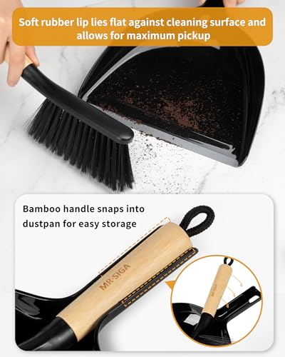 MR.SIGA Dustpan and Brush Set, Portable Cleaning Brush and Dustpan Combo with Bamboo Handle, Black, 1 Set - color: Black