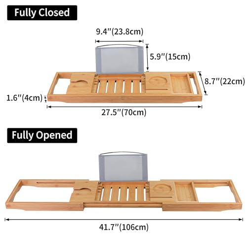 Utoplike Bamboo Bathtub Caddy Tray Bath Tray for Tub, Adjustable Bathroom Bathtub Organizer with Book Tablet Wine Glass Cup Towel Holder - color: Natural