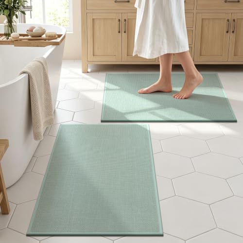 SHACOS Bath Mat Set of 2, Ultra Thin Washable Bathroom Rugs, No Slip Rubber Bath Rugs for Bathroom, Quick Dry Absorbent Bathroom Mat for Shower Outside Floor Toilet Sink (17"x24"+17"x24") - color: Light Green, size: 17"x24"+17"x24"