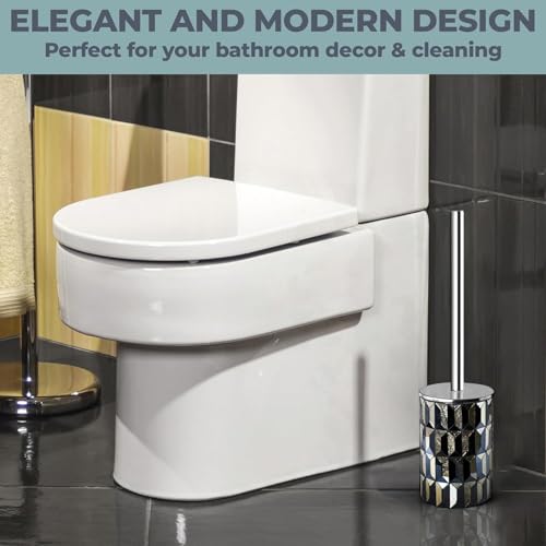 Escenzy Cute Toilet Brush and Holder Set Mosaic Glass | Non-Rustic Stainless Steel | Practical & Decorative Toilet Bowl Brush and Holder | Luxury Black and Gold Bathroom Accessories (Latest) - color: Black Gold Straight