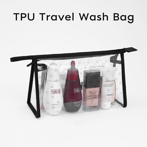 GIVLEFLY Clear TPU Toiletry Bag Set for Women & Men, 3PCS Waterproof Makeup & Skincare Organizer with Zipper, Soft Transparent Travel Cosmetic Pouch with Handle & Hanging Loop，A - size: Model A Hollow Pattern