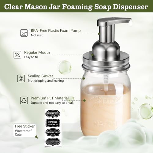 Amolliar Plastic Mason Jar Foaming Soap Dispenser with Pump Lid,16OZ Refillable Hand Soap Dispenser Set with Cute Lables - Farmhouse Decor for Kitchen/Bathroom, Lotion Dish Soap (2 Pack, Silver) - color: Clear Jar With Silver Pump, size: 2 Pack