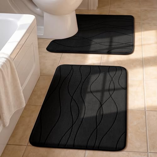 YIHOUSE Bathroom Rugs Set 2 Piece, Memory Foam Bath Mat Black | U Shaped+Small Mat, Ultra Soft, Absorbent, Non-Slip, Machine Washable, for Bathroom, Sink and Toilet - color: Black, size: 2' x 1'5" (Rectangular)