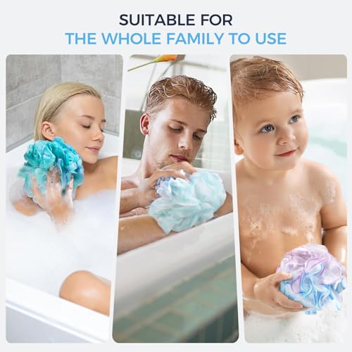 DadyMart Shower Loofah Sponge Pouf – XL Exfoliating Bath Puff Body Scrubber, Soft Mesh Shower Sponge with Reinforced Knot, Rich Lather, Set of 4 for Women and Men - style: Flower