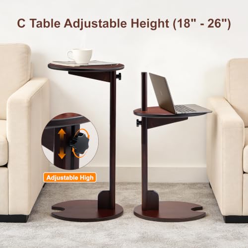 18–26" Height Adjustable Bamboo C-Shaped Side End Table for Sofa | Slides Under Couch; Round Solid Bamboo Top; Works as Laptop Desk & TV Tray; Space-Saving for Small Living Rooms and Bedrooms - color: Chestnut