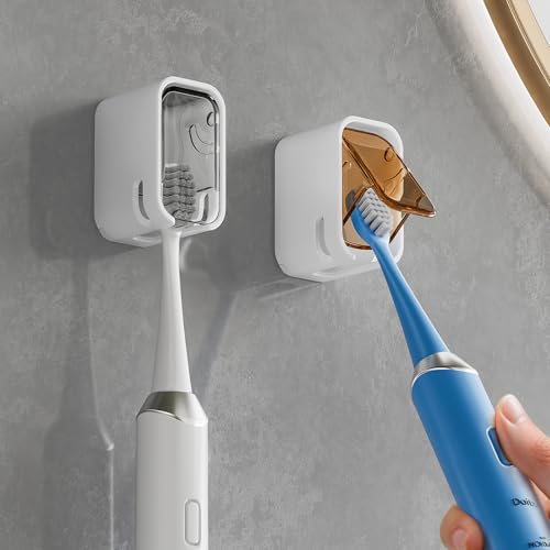 Toothbrush Holders for Bathroom【Innovation Single Slot Design】 2PCS Toothbrush Holder Wall Mounted with Cover for Shower, Single Toothbrush Dispenser Storage Organizer for Family & Travel - color: Grey+brown