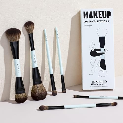 Jessup Makeup Brush Set 6pcs Double Sided Makeup Brushes Foundation Contour Blush Highlight Blending Eyebrow Brush Eyeshadow Brush, Vegan Fiber Make up Brush Bright Cyan T501 - style: T501-6pcs