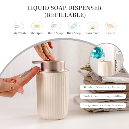 BosilunLife Bathroom Accessories Set - Ceramic Bathroom Set Bathroom Decor Sets Bathroom Counter Lotion Soap Dispenser and Toothbrush Holder Set, Soap Dish, Apothecary Jar (Striped Apricot) - color: Apricot-liquid