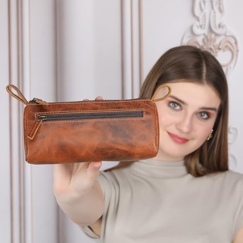 Leather Makeup Bag for Women – Genuine Leather Cosmetic Bag Travel, Handmade Zippered Makeup Pouch, Small Toiletry Bag, Shaving Kit & Stationery Organizer- Tan - color: Tan