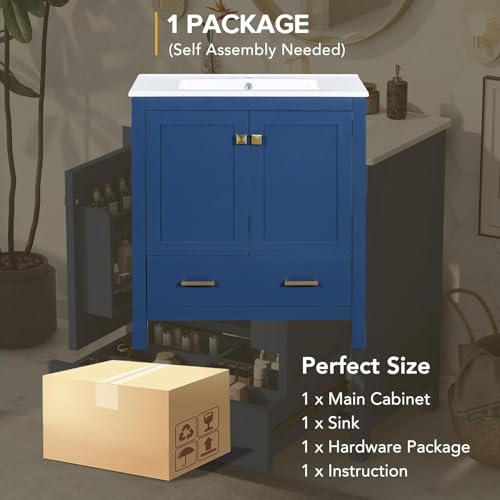 Linique 30" Modern Bathroom Vanity with Sink Combo Set, Solid Wood Frame Bathroom Storage Cabinet with 2 Soft Closing Doors and a Drawer, Multifunctional Storage, Blue - color: Blue