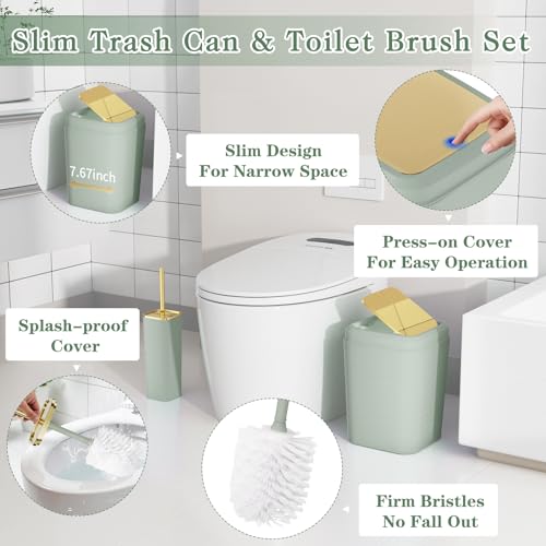 Bathroom Set - 11PC Bathroom Accessory Set, Bathroom Accessories Set, Sage Green Bathroom Set, Push-lid Trash Can, 3PC Soap Dispensers, Toilet Brush & Q-tip Holders - color: Sage Green & Gold, size: Bath Set