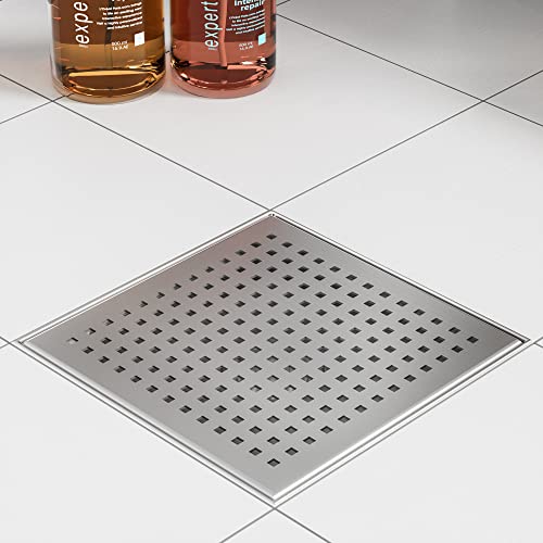 Neodrain Square Shower Drain with Removable Quadrato Pattern Grate, Brushed 304 Stainless Steel Square Drain, with Watermark&CUPC Certified, Hair Strainer (Stainless, 8 in) - color: Stainless, size: 8 IN
