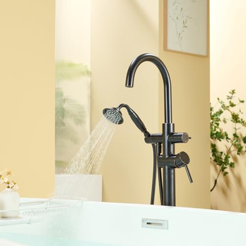 Wowkk Tub Filler Freestanding Bathtub Faucet Oil Rubbed Bronze Floor Mounted Brass Bathroom Tub Faucets with Hand Shower - color: Oil Rubbed Bronze