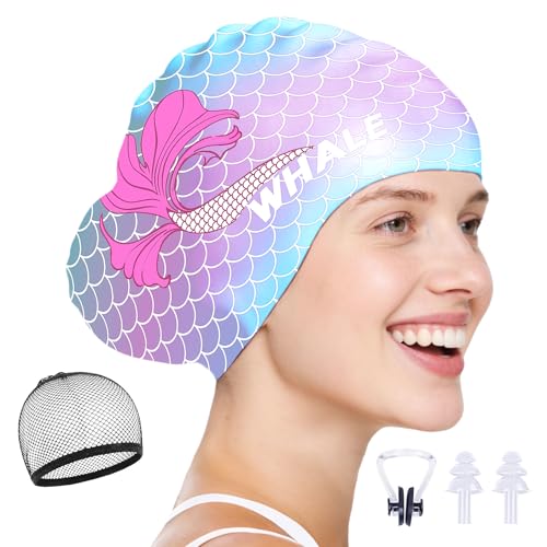 WHALE Extra Large Swim Cap Designed for Men and Women with Thick, Long Hair, Hair Extensions Or Afro-Textured Hair Long-Hair Swim Cap Highly Waterproof to Keep Hair Dry - color: Dreamlike Mermaid