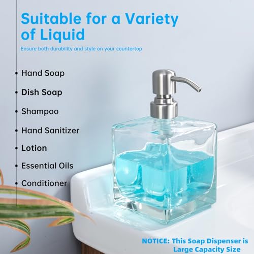 Square Bathroom Soap Dispenser Brushed Nickel, Large Capacity 16.9 oz Glass Bottles with Stainless Steel Pump Retangle Cube Liquid Soap Dispenser Kitchen - color: Brushed Nickel, size: 16.9oz-Square