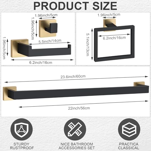 Gisafai 10 Pcs Black Gold Bathroom Hardware Accessories Set 23.6 Inch Bath Towel Bar Kit Stainless Steel Bathroom Hardware Set Towel Racks Ring Robe Hooks Paper Holder for Wall Mounted - color: Black Gold