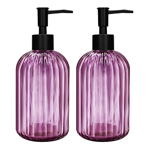 Pack of 2 Glass Soap Dispenser with Black Pump, 400 ml Refillable Pump Dispenser for Kitchen, Bathroom, Laundry Room, Liquid Glass Bottle for Washing Up Liquid, Shampoo, Conditioner (Purple) - color: Purple