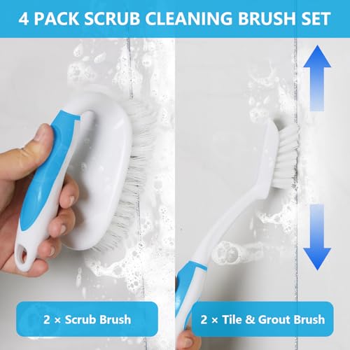 Scrub Brush Set, 4 Pack Deep Cleaning Brush Kit - 2 Scrub Brush, 2 Tile & Grout Brush with Built-in Scraper, Household Commercial Scrubber for Floor, Shower, Pool Wall, Tub (Blue) - color: Blue