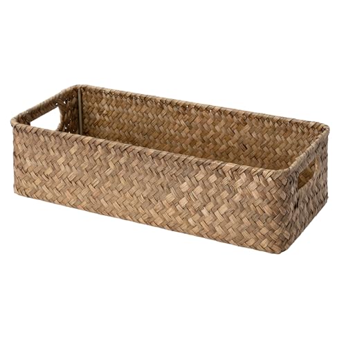 StorageWorks Wicker Toilet Paper Basket for Back of Toilet Baskets, Seagrass Bathroom Basket Organizer and Storage for Tank Topper, Small Tank Trays for Decor with Built-in Handles, Brown - color: Brown (Seagrass), size: 14¼" L x 6¾" W x 3¾" H