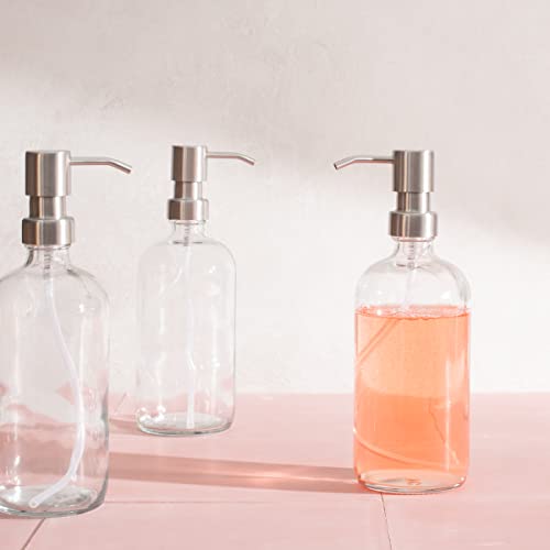 Youngever 3 Pack 16 Ounce Clear Glass Boston Round Bottles with Stainless Steel Pumps, Glass Soap Dispensers with Extra Labels and Lids, Great for Essential Oils, Lotions, Liquid Soaps