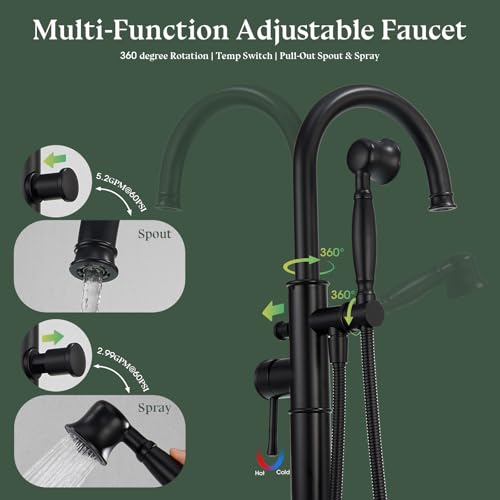 Free Standing Tub Faucet, Wintap Classic Freestanding Bathtub Faucet with Sprayer Brass Elegant Floor Mount Bath Faucets High Flow Roman Tub Filler, Matte Black （WT-3311BK） - color: Matte Black