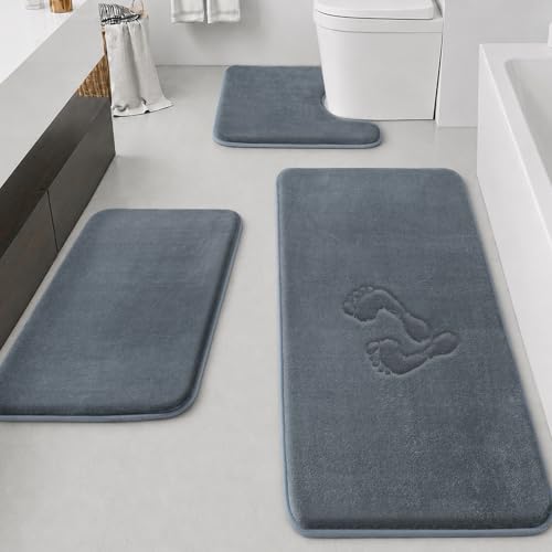 HUXMEYSON Bathroom Rugs Sets 3 Piece, Non-Slip & Quick Dry Bath Mat Set, Ultra Soft Velvet Bath Rugs for Bathroom, Toilet and Shower Floor, Grey - color: Grey, size: 20"x32"+24"x60"+U Shape 20"x24"