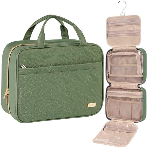 NISHEL Large Double Layer Travel Makeup Bag Women, Cosmetic Case, Organizer for Travel-Size Accessories Bottles, Brushes, Conditioner, and Skin Care Products, Bronze Green - color: Bronze Green, size: Large
