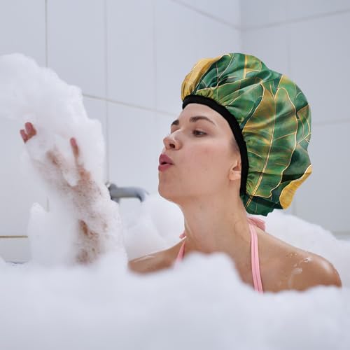 Luxury Shower Cap Terry Lined Reusable Triple Layer Waterproof Hair Elastic Caps Shower Bath Hat for Women Girls Cute Aesthetic-Leaf - color: AL17-Leaf