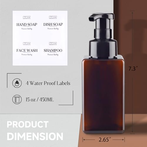 15OZ Foaming Soap Dispenser, 2-Pack Plastic Hand Soap Dispenser, Refillable Leakproof Foam Pump Bottle with Waterproof Labels, for Shampoo, Body Wash - color: Brown, size: 450ML