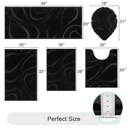 HEBE Bathroom Rugs Sets 5 Piece, Soft Absorbent Microfiber Bath Mat for Bathroom, Non Slip Washable Bath Rug Set with Toilet Cover, Bath Runner and U-Shaped Contour Toilet Rug, Black - color: Black, size: 18"x26"+20"x32"+20"x48"+U20"x24"+Cover19"x21"