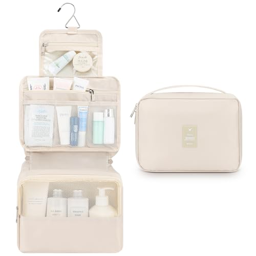 Mossio Hanging Toiletry Bag with Sturdy Hook - Large Portable Cosmetic Makeup Travel Organizer for Men & Women - color: Beige
