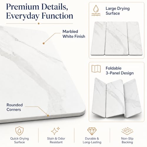 Stone Dish Drying Mat 24" x 16" – Dish Drying Stone Mat – Large Diatomaceous Earth Drying Mat with Non-Slip Base – Quick Dry Kitchen Drying Pad for Dishes, Glassware & Bottles 3 Folded Marbeled White - color: 3 Folded Marbeled White