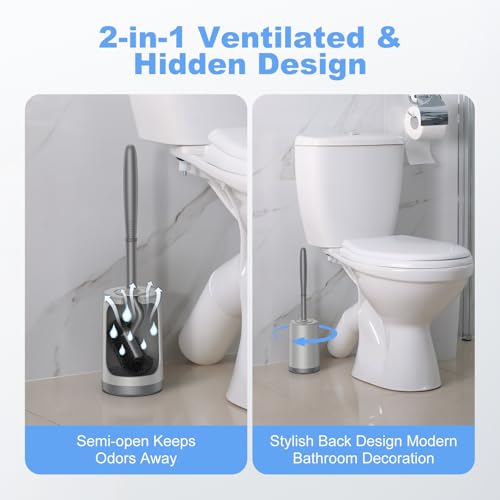 HAMITOR Toilet Bowl Brush Holder Set: Curved Design with Holder for Deep Cleaning Under Rim - Compact Hidden Scrubber for Small Space - Modern RV Bathroom Accessories - Gray - color: Gray
