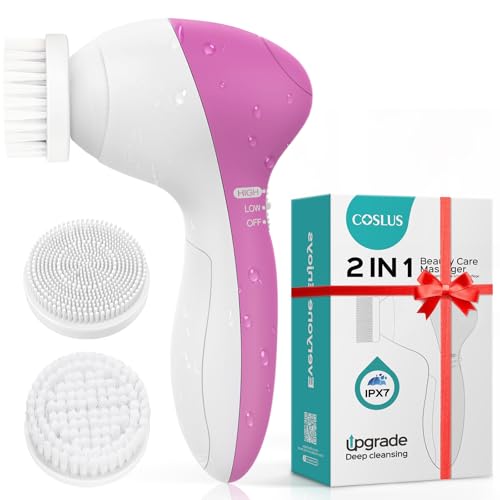COSLUS Facial Cleansing Brush Silicone Face Scrubber: 2 in1 FBS-D Electric Exfoliating Device Waterproof Deep Cleaning Exfoliation Rotating Spa Machine - Electronic Skincare Wash Spinning System - color: Bright Rose, size: With 2 brush heads