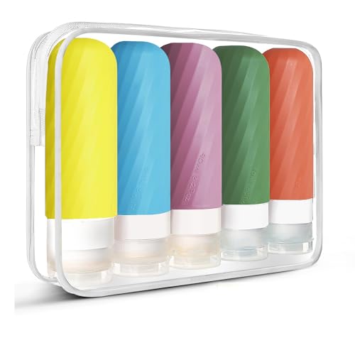 Laxen 5 Pack Travel Bottles for Toiletries, 3 oz TSA Approved Silicone Travel Bottles Set with Labels and Clear Toiletry Bag, Leakproof Refillable Squeeze Bottles for Shampoo Conditioner, Yellow - color: Yellow