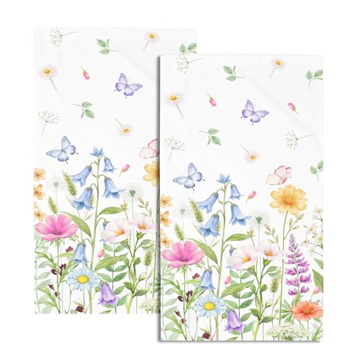 Spring Summer Floral Hand Towels 14.4 x 28.3 Inch Flowers Pattern Bath Towel Set of 2 White Hand Towel Farmhouse Holiday Kitchen Towels for Bathroom Decorative Towel Hotel Gym Spa Towel - color: Spring White