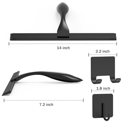 All-Purpose Stainless Steel Shower Squeegee for Shower Doors with 2 Adhesive Hooks, Bathroom Cleaner Tool Household Window Mirror Squeegee for Home Cleaning, Glass Door, Tile Wall, Car, 14 Inch Black - color: Black, size: 14 Inch