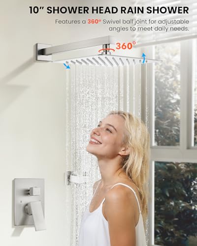 gotonovo Shower System with Tub Spout,Waterfall Tub Shower Faucet Set for Bathroom Head and Handle Set Wall Mounted 3 Function Rough-in Valve and Trim Included 10 inch Shower Head Brushed Nickel - color: Brushed Nickel, size: 10 inch Shower Head