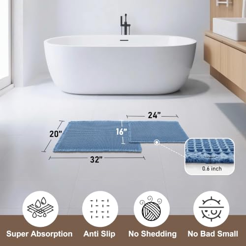 JIUZHEN Set of 2 Waffle Bathroom Rugs Non Slip Boho Bath Rugs Machine Washable Waffle Bath Mats with Rubber Backed Super Absorbent Shower Mats for Bathroom Floor, 16" x 24" +20" x 32", Blue - color: Blue, size: 16"x24" + 20"x32"