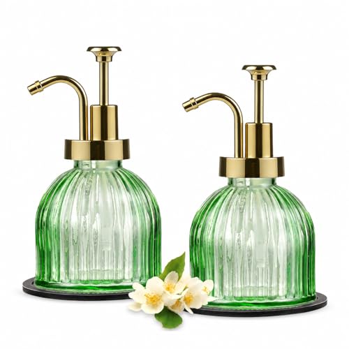 SheeChung 8 Oz Glass Soap Dispenser Bathroom, Green Liquid Hand Soap Dispenser with Pump, Refillable Dish Soap Dispenser for Kitchen, Cute Modern Stripes Lotion Bottle, Shampoo (Gold Pump, 2 Pack) - color: Green-gold Pump, 2 Pack