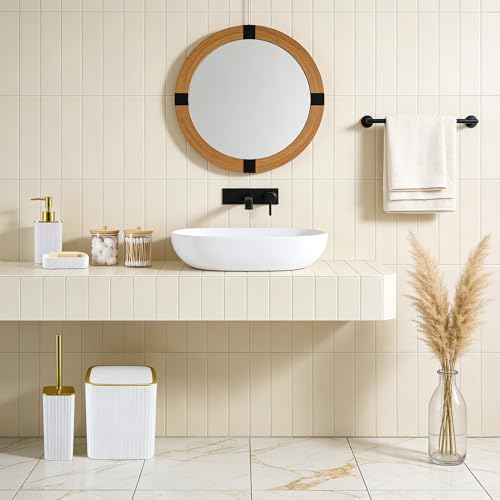Bathroom Accessory Set White and Gold -9PCS Bathroom Decor with Toilet Brush, Trash Can, Soap Dispenser, Q-Tip Holder | Modern Home Bath Essentials - color: White&gold, size: 9-Piece Bath Set