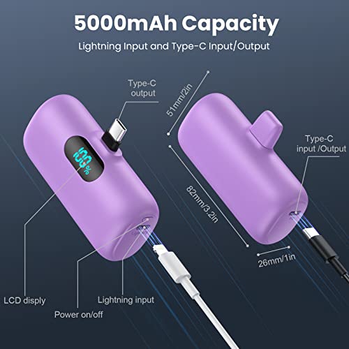 [2-Pack] Mini Portable Charger 5000mAh Power Bank,3A PD USB C Cell Phone Portable Power, LCD Display Battery Pack Compatible with iPhone 17/17 Air/16/16 pro/15/15 pro Max/Android/Samsung/Moto/LG etc - color: green+purple