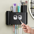 Toothbrush Holder Multi-Function Wall-Mounted, Automatic Toothpaste Dispenser & Dust-Proof Toothbrush Holder with 5 Brush Slots 4 Cups 2 Automatic Toothpaste Dispensers 1 Storage Slot (Black) - color: Black
