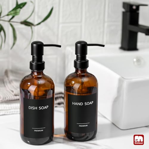 GMISUN Amber Glass Soap Dispenser, 2 Pack Bathroom Hand Soap Dispensers with Stainless Steel Pump, 17 Fl Oz Kitchen Hand and Dish Soap Dispenser Set, Modern Vintage Liquid Brown Soap Dispensers Bottle - color: Amber Bottle + Black Pump