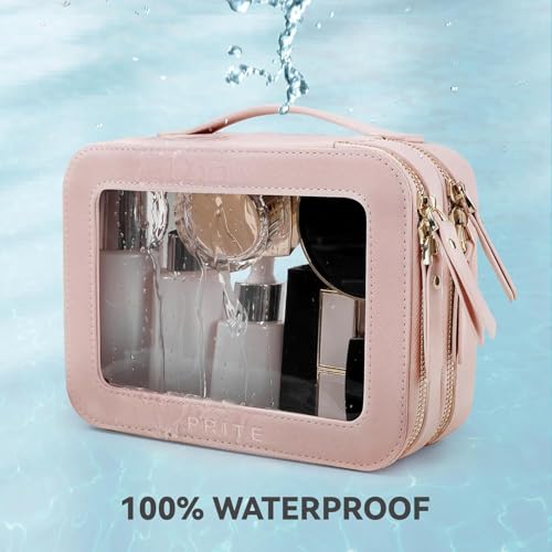 Prite Double Layer Makeup Bag for Women Portable Clear Makeup Bag Cute Waterproof Travel Cosmetic Bag with Gold Zipper for Car Essentials(Pearlescent Pink) - color: Pearlescent Pink, size: Standard - Double Layer