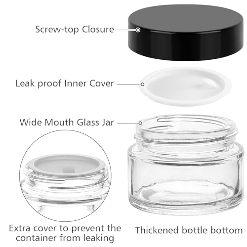 Accmor 10 Pcs Mini Travel Containers, Small Glass Jars with Black Lids, 0.18/0.35/0.53/0.7/1 OZ Makeup Sample Containers, Inner Liners & 5 Spatulas, LeakProof Jars for Creams, Lotion, Essential Oils - color: Black
